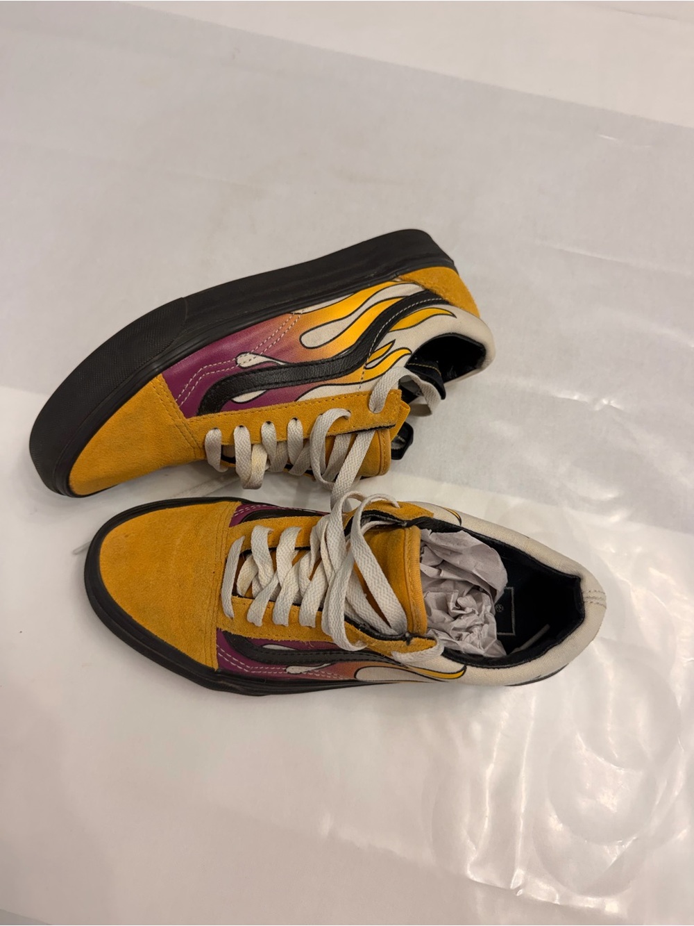 Vans Yellow and Purple Flame Suede Skate Sneakers woman size 7 man’s size 5.5
